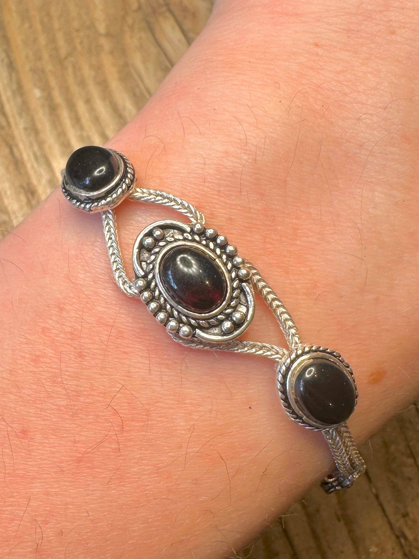 Garnet Beaded Border Fox Tail Chain 925 Sterling Silver 7.5 inch Bracelet