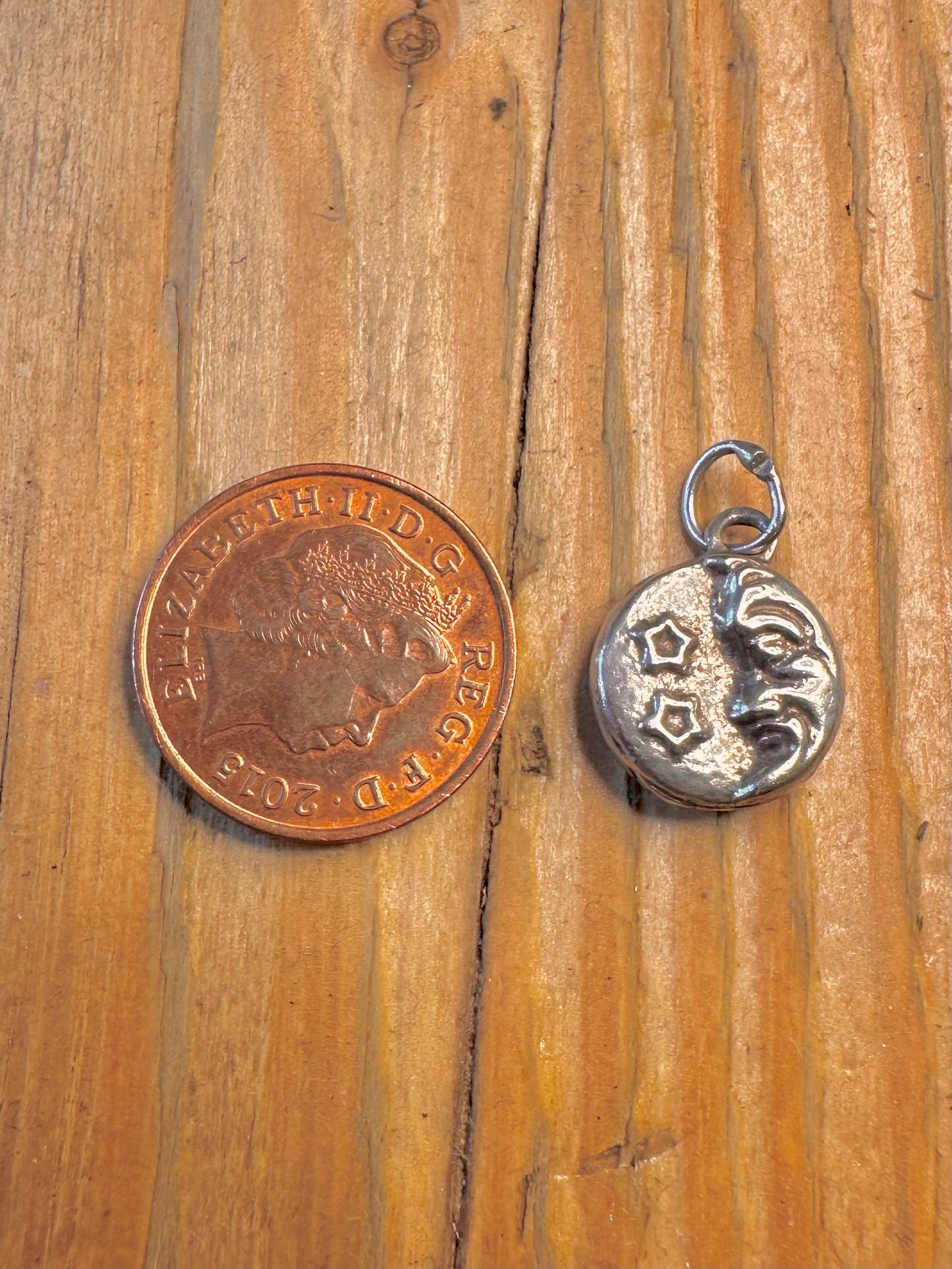 Moon Face and Star Double Sided 925 Sterling Silver Pendant