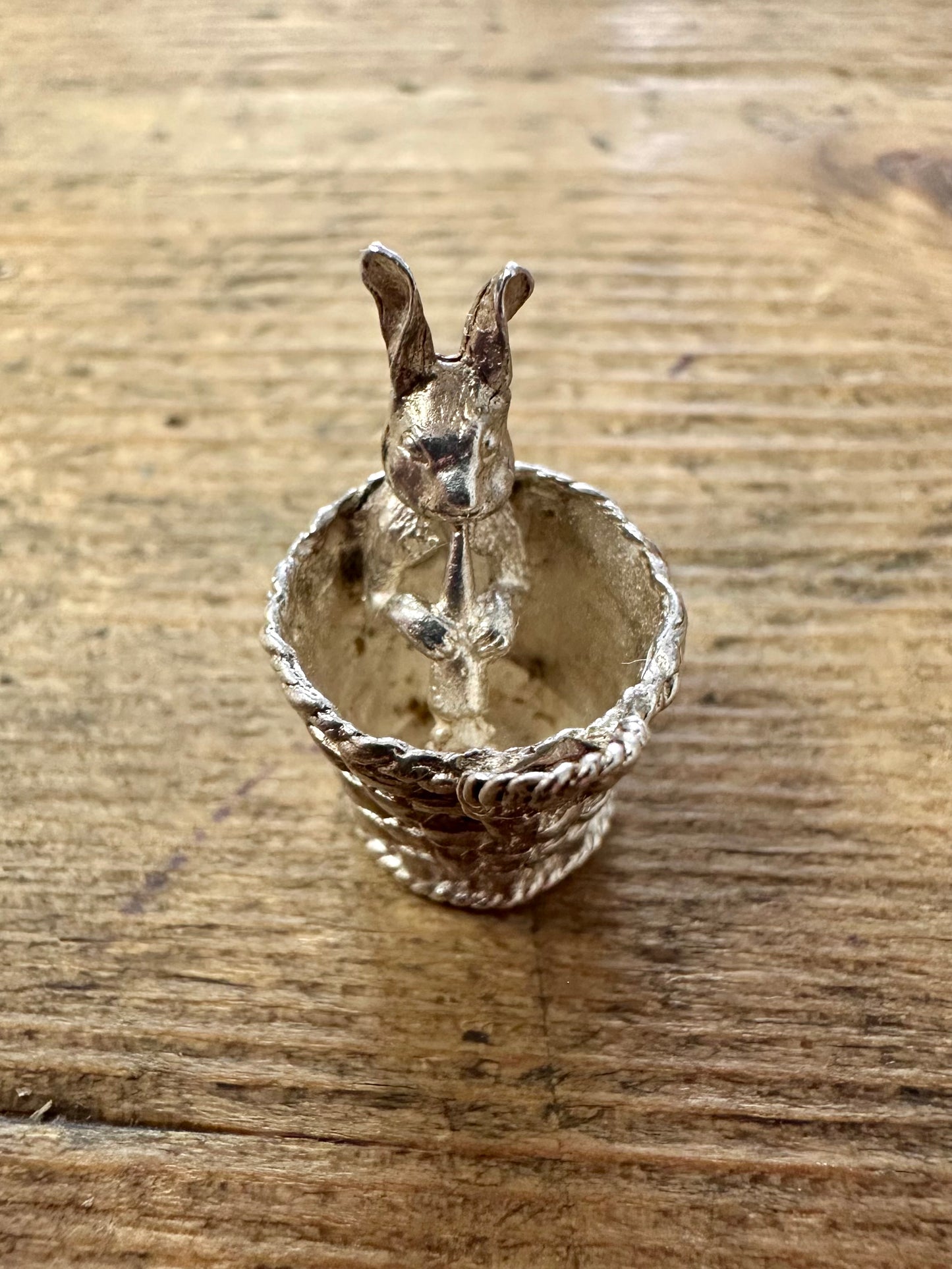 Vintage Bunny in a Basket Silver Charm Pendant