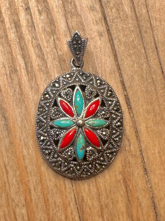 Vintage Turquoise Coral and Marcasite Tibetan