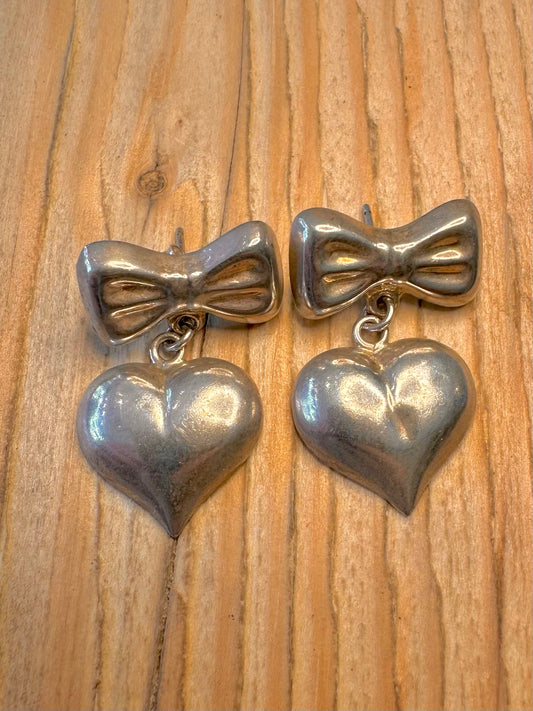 Vintage Ribbon Heart 925 Sterling Silver Earrings