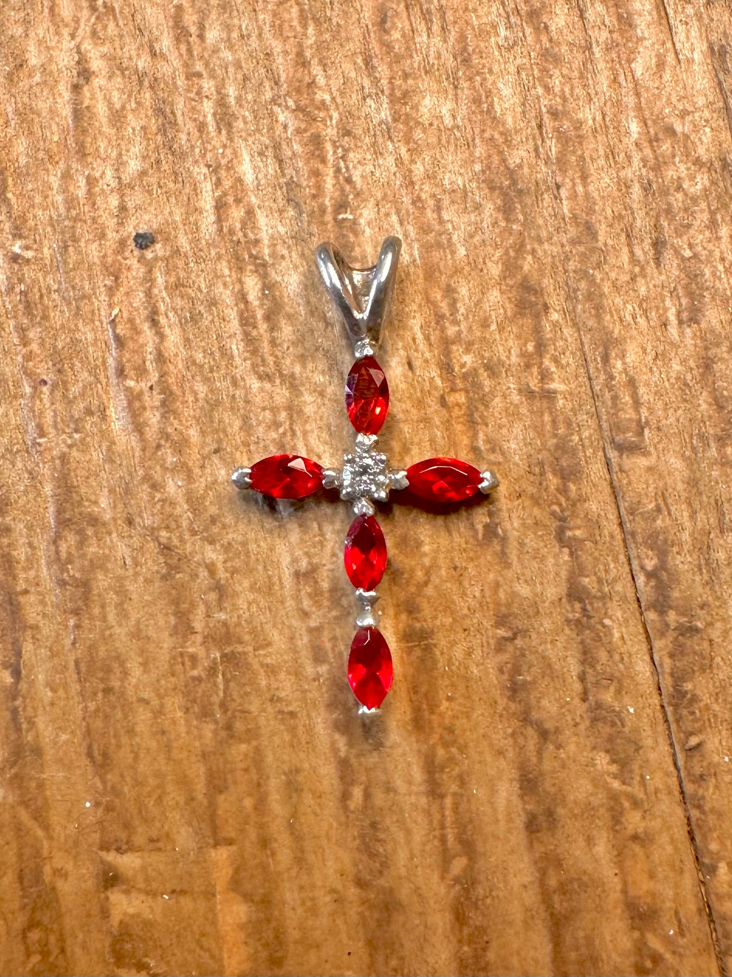 Red and White Stone Cross 925 Sterling Silver Pendant