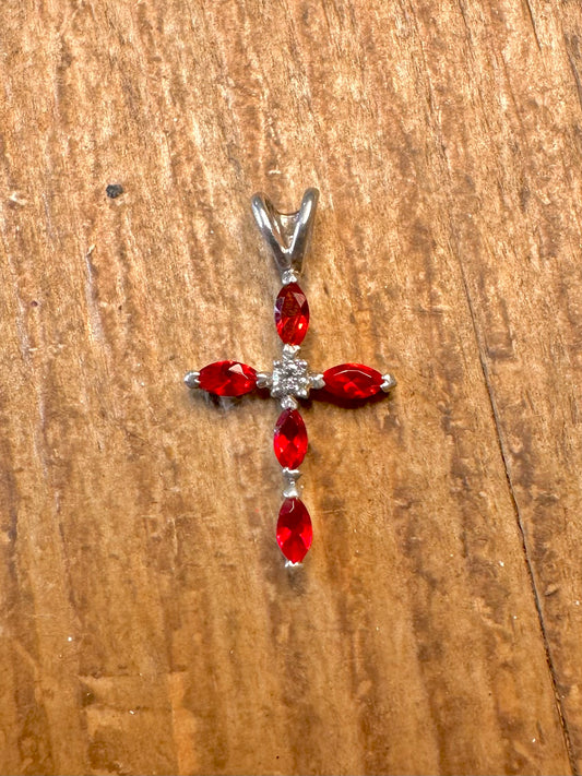 Red and White Stone Cross 925 Sterling Silver Pendant