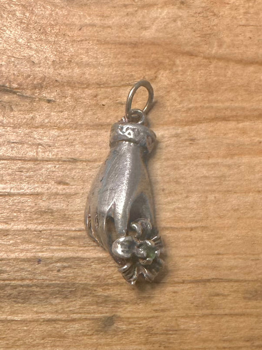 Vintage Hand Green Stone Flower 925 Silver Pendant