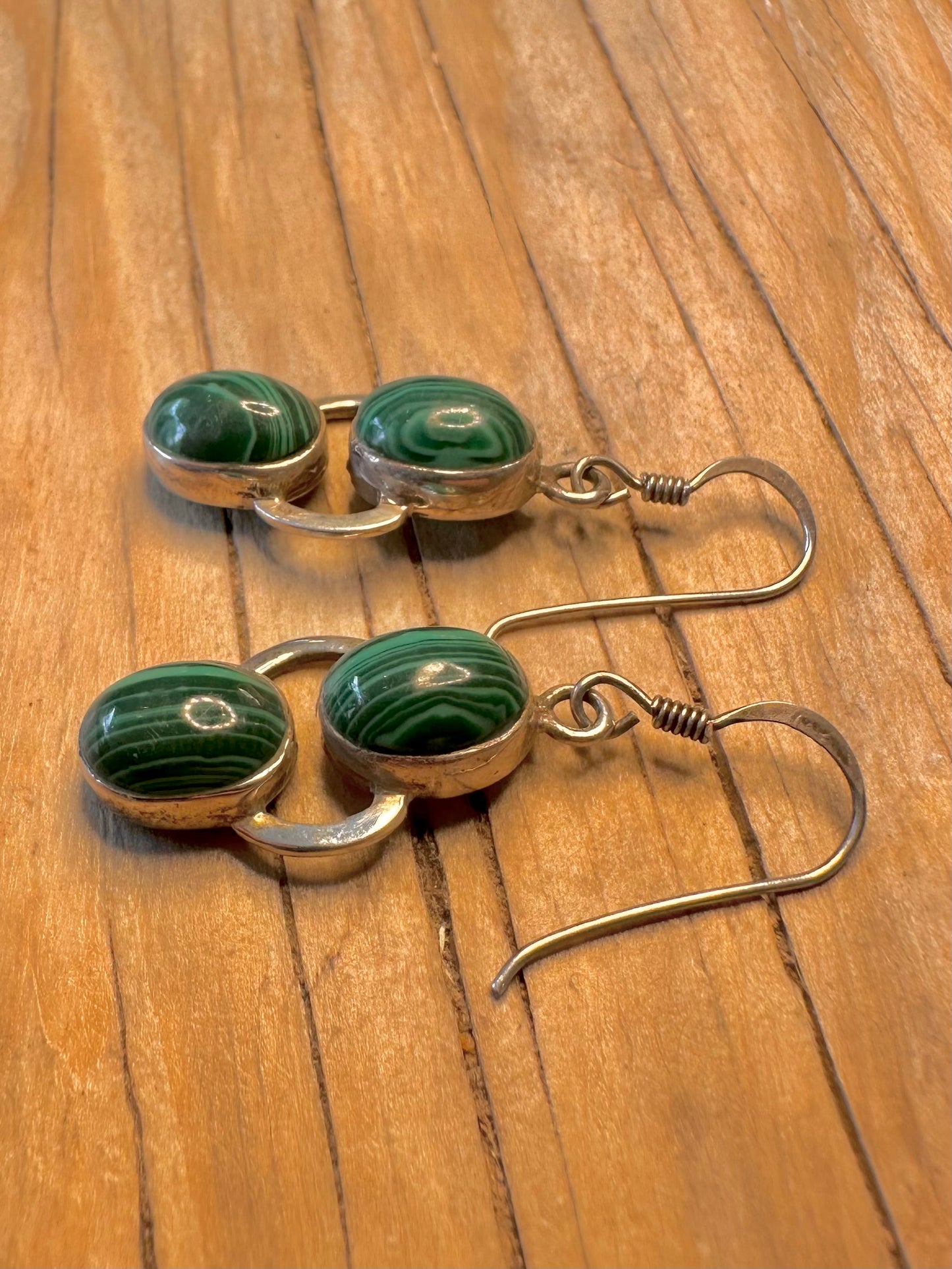 Vintage Malachite Dangle 925 Silver Earrings