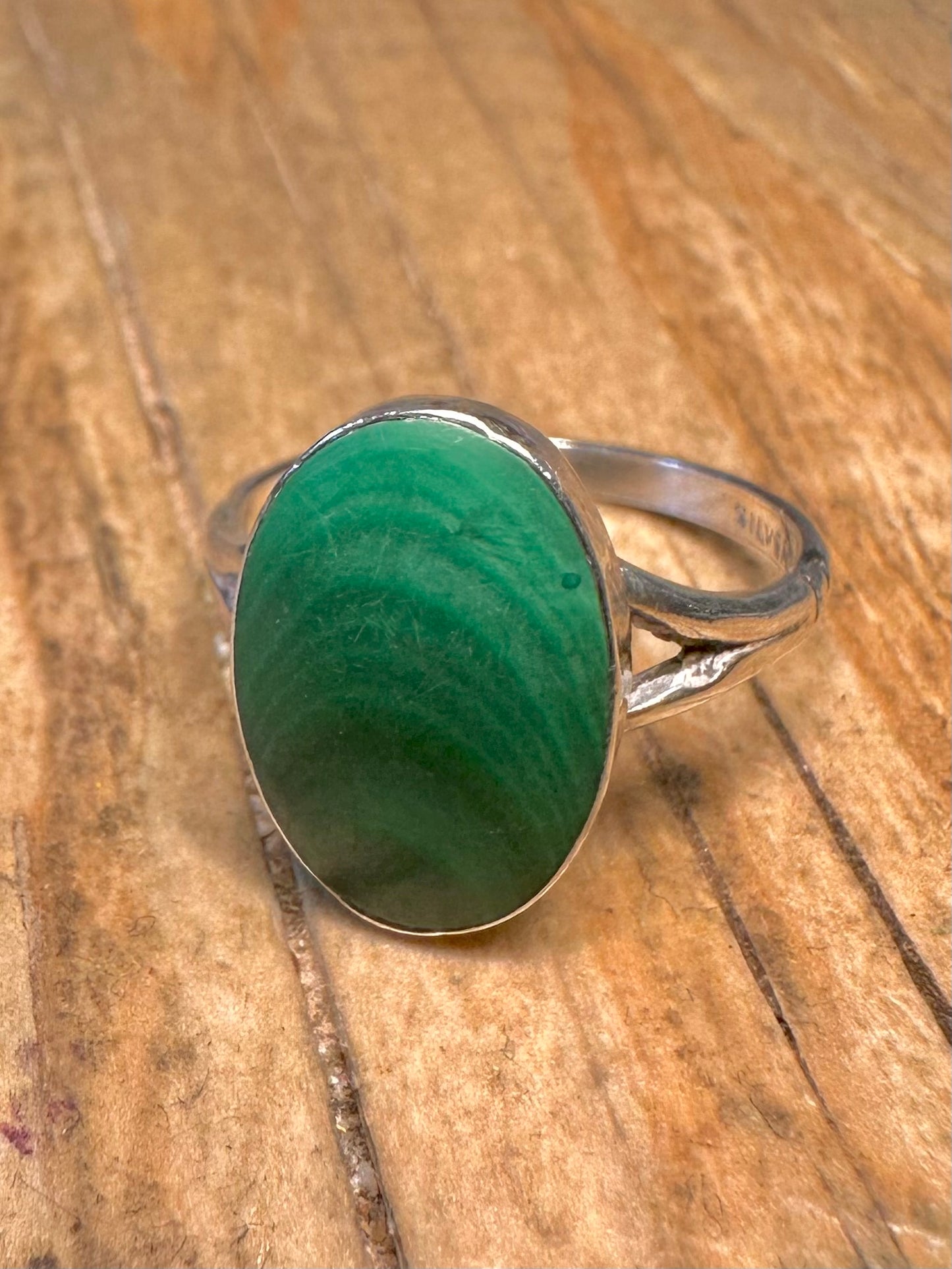 Vintage Malachite Oval 925 Sterling Silver Size N Ring