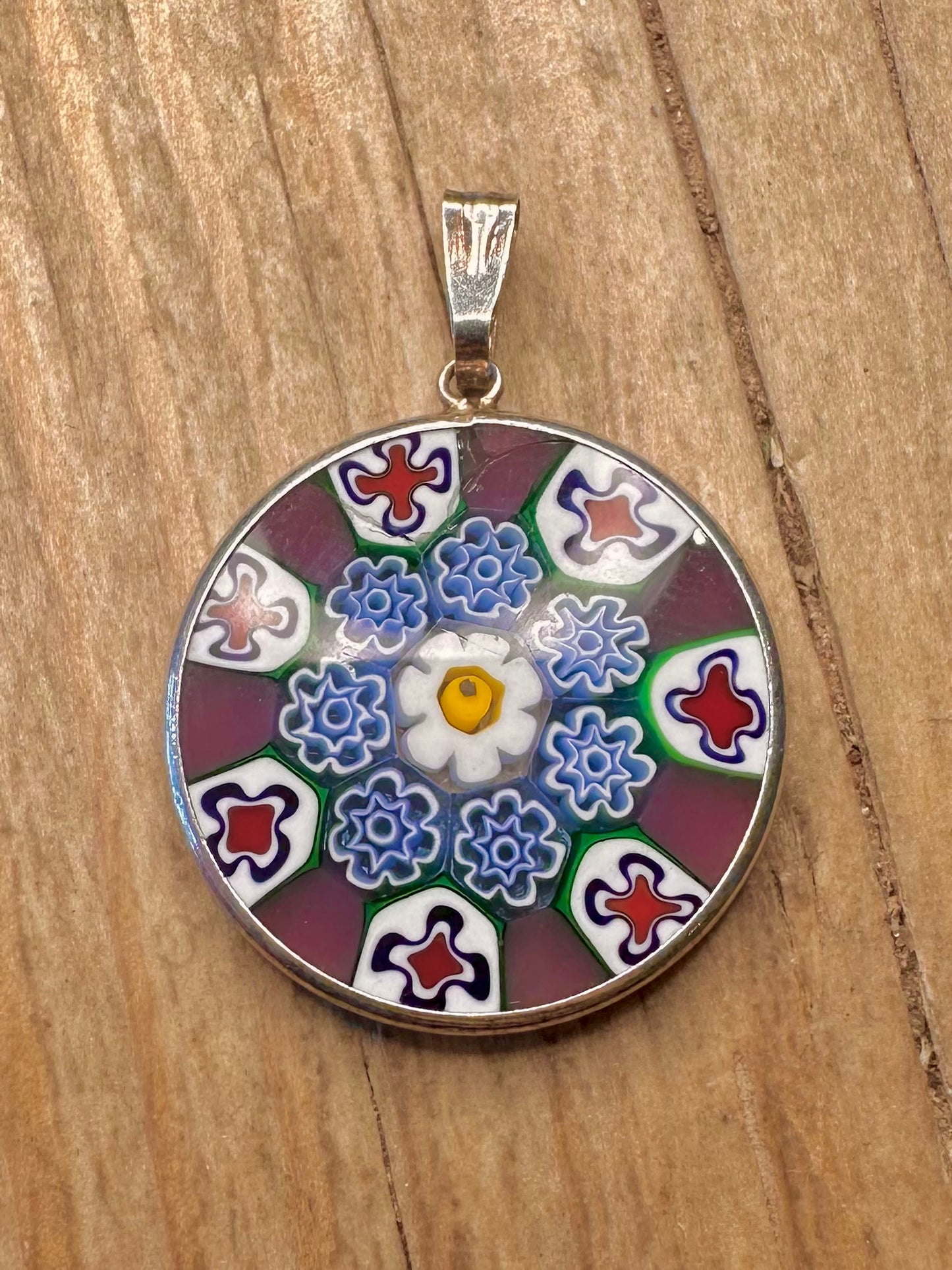 Vintage Murano Glass Millefiori 925 Sterling Silver Pendant