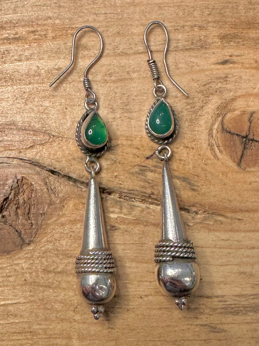 Vintage Chrysoprase Boho Dangle 925 Silver Earrings