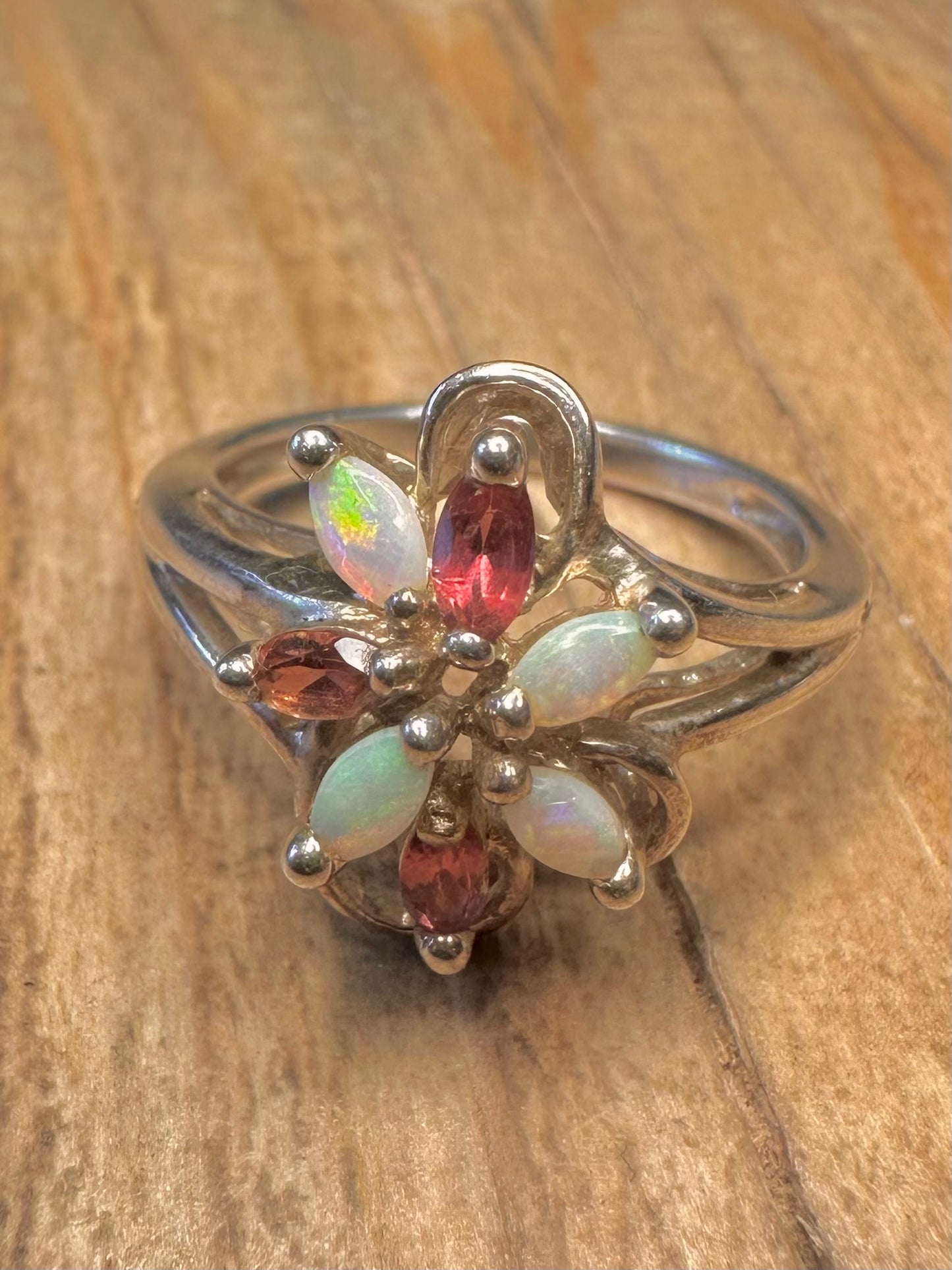 Vintage Opal and Pink Tourmaline 925 Sterling Silver Size T Ring
