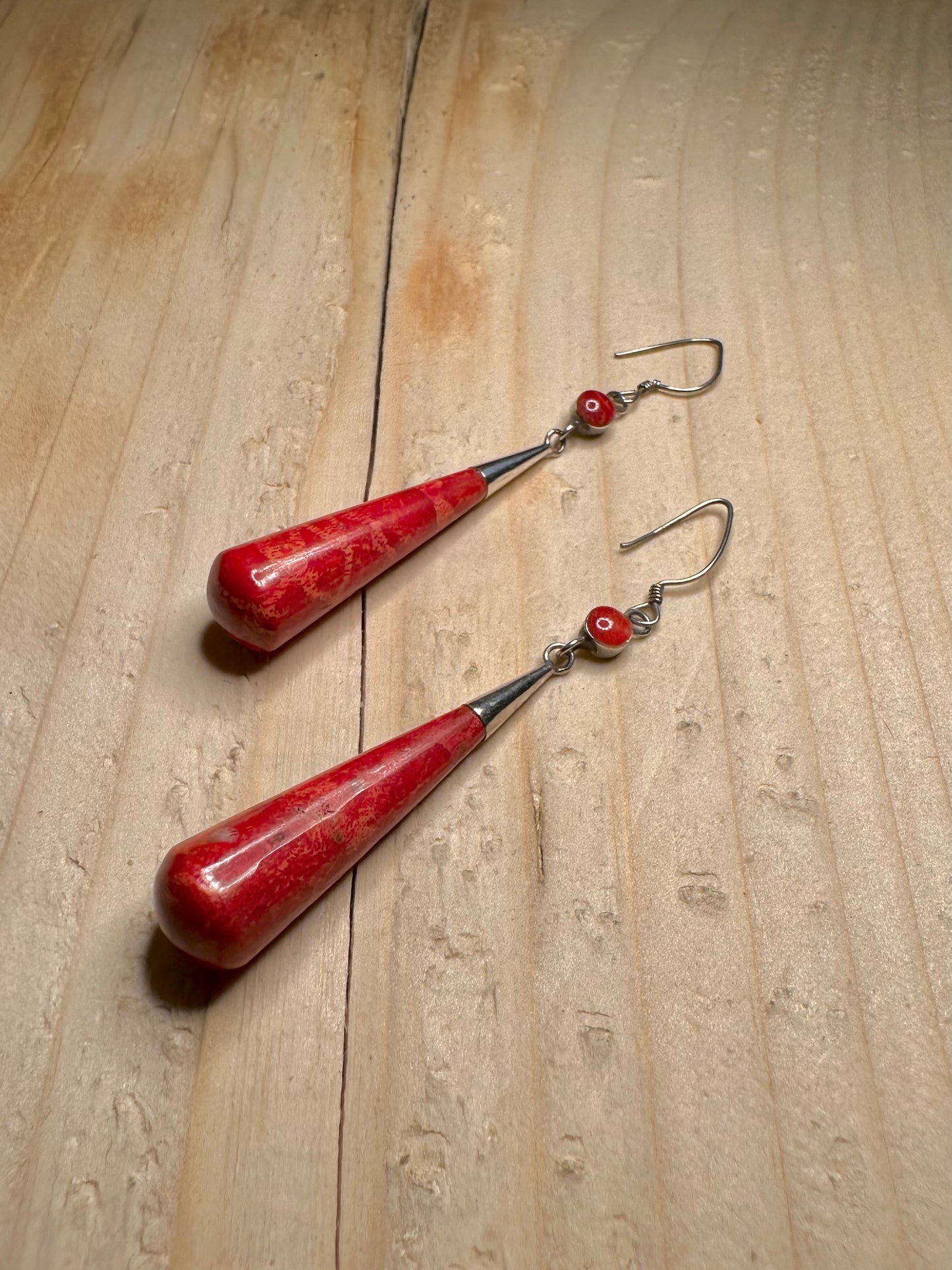 Red Coral Long Teardrop 925 Sterling Silver Earrings