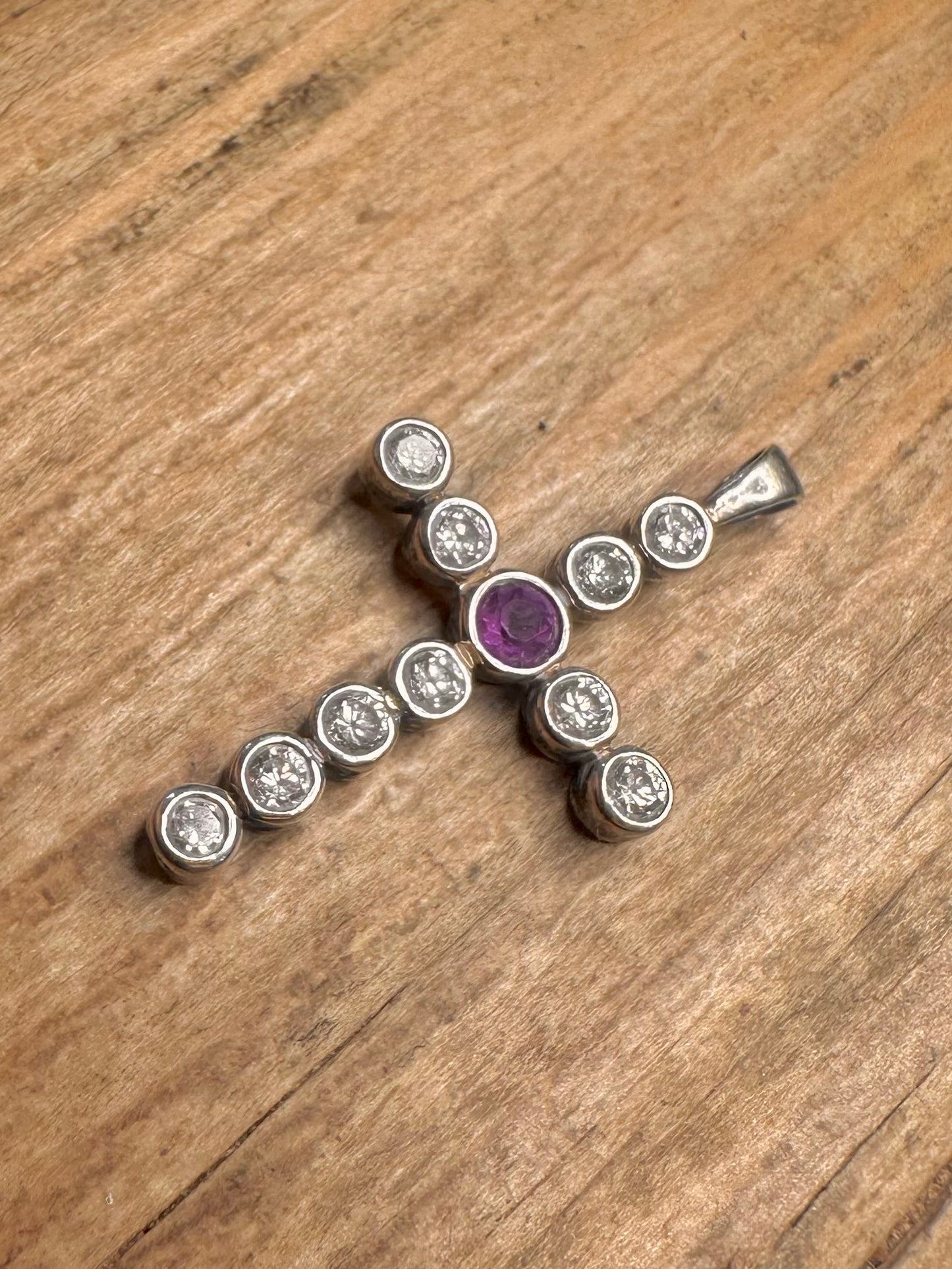 Vintage Amethyst- und Weißstein-Kreuz-Anhänger aus 925er Sterlingsilber