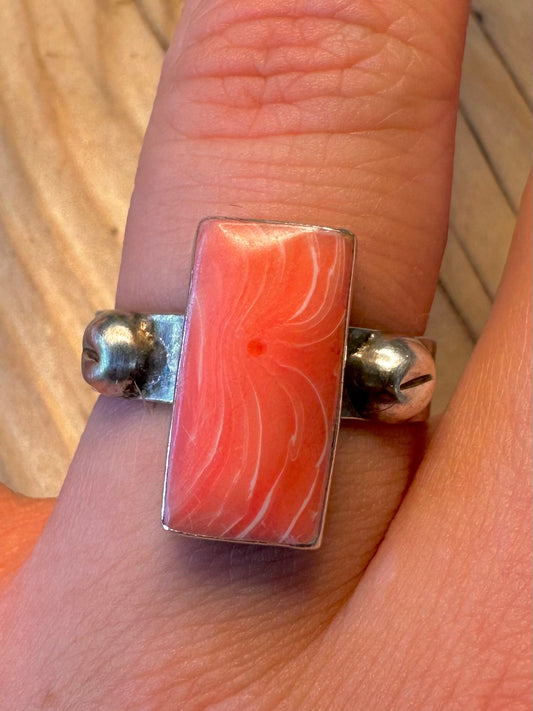 Vintage Rectangle Spiny Oyster 925 Silver Mexico Size R1/2 Ring