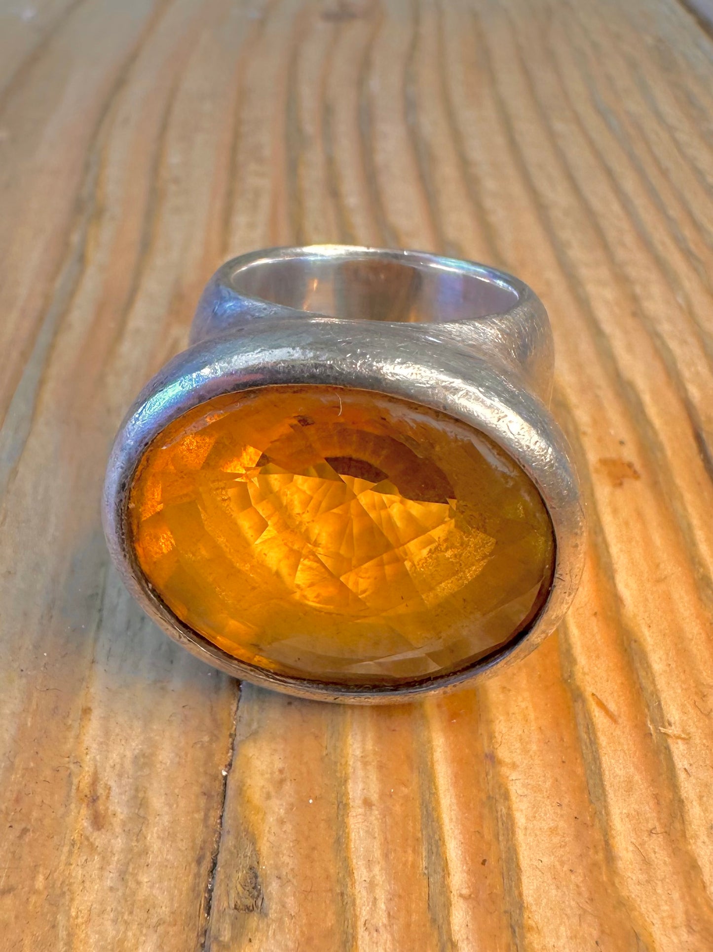 Large Faceted Citrine Heavy Solid 925 Sterling Silver Size L Ring