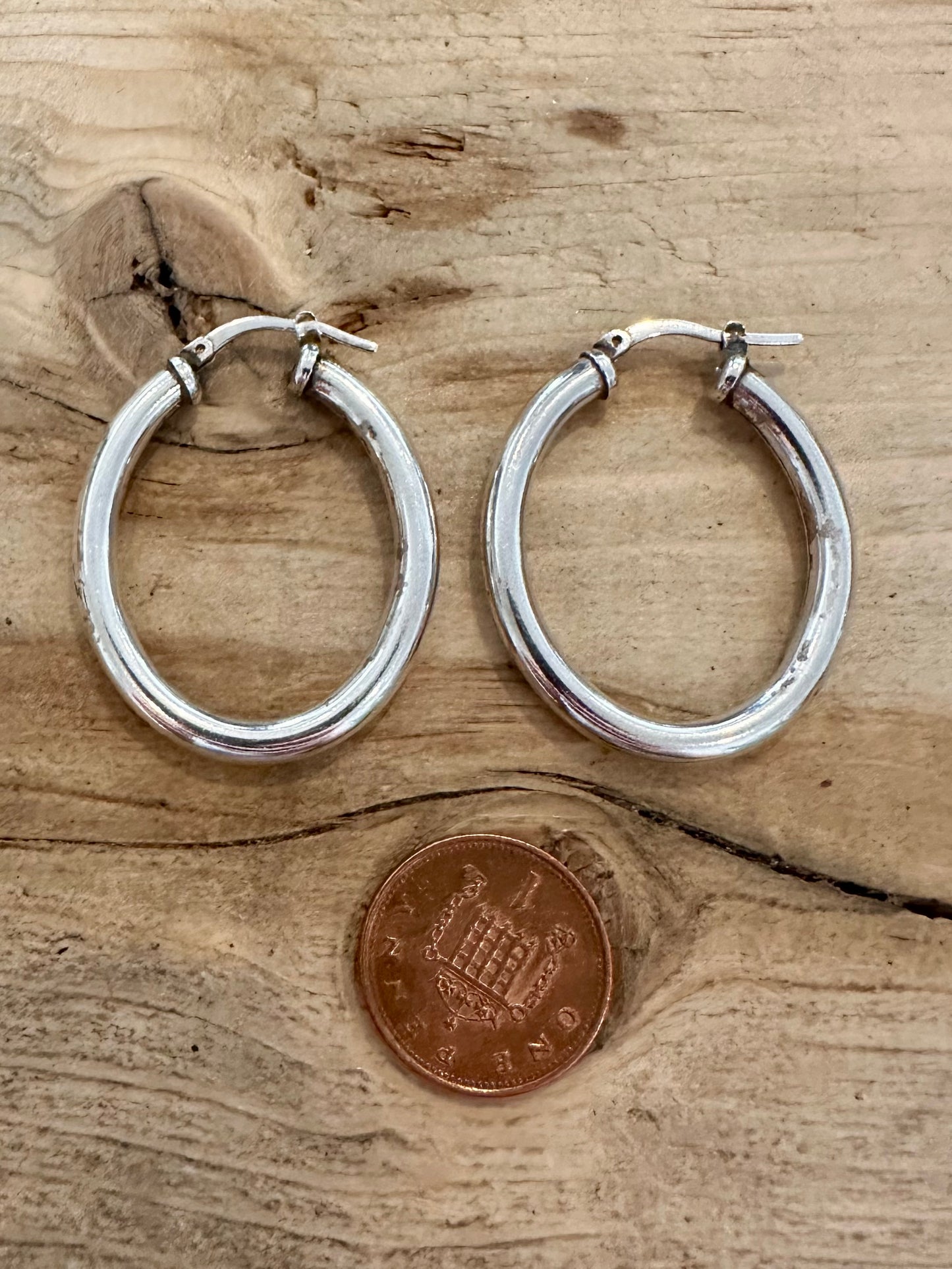 Vintage Thick Rounded Oval 925 Silver Hoop Earrings