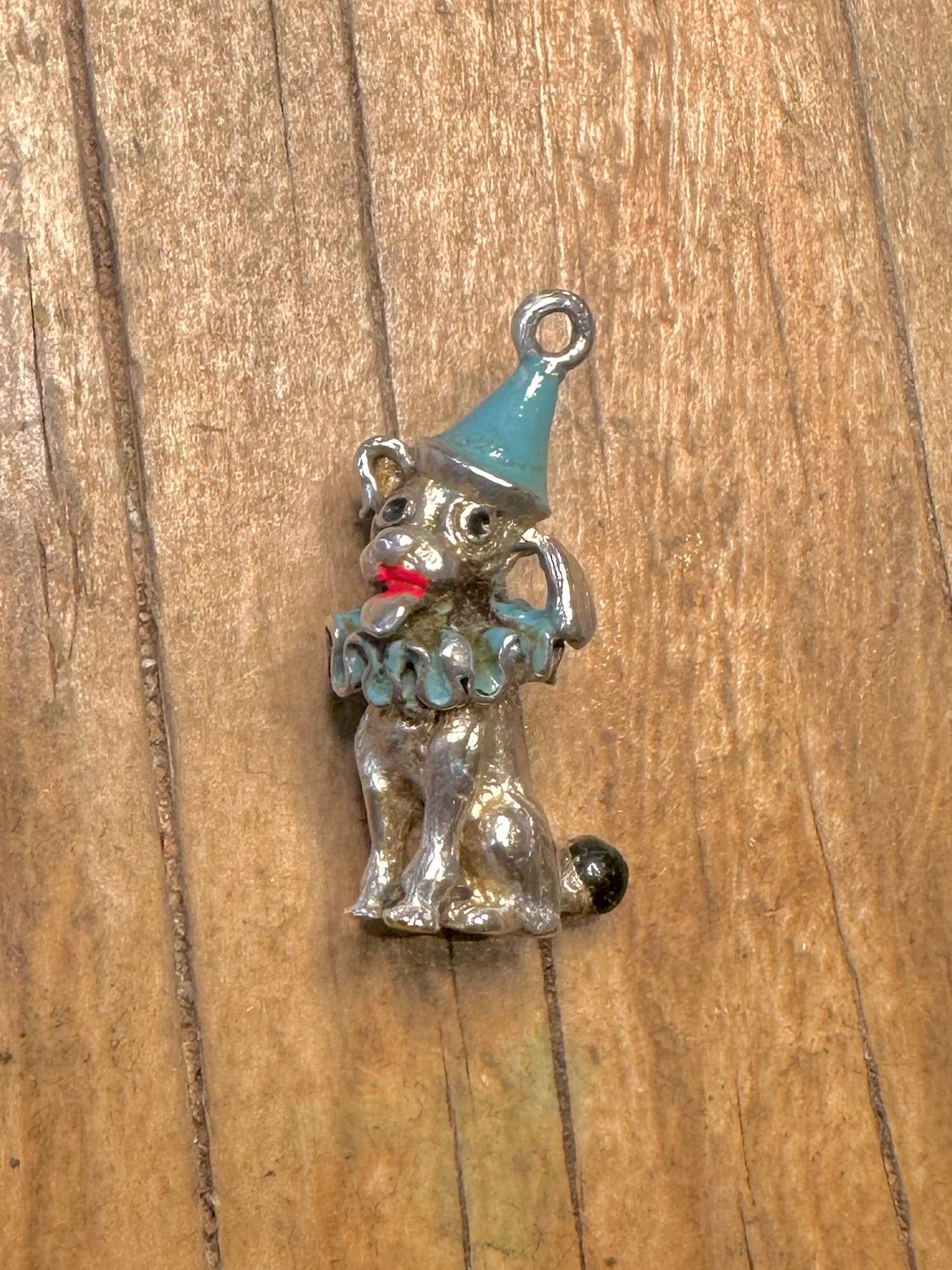 Vintage Enamel Dog Dressed Clown 925 Sterling Silver Charm Pendant