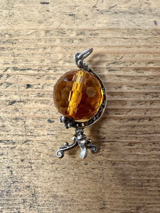 Vintage Crystal Orange Globe Silver Charm Pendant