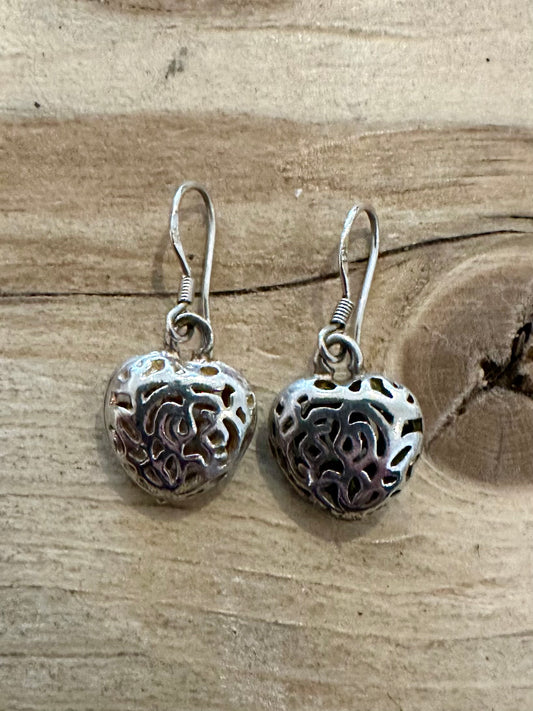 Vintage Filigree Heart 925 Silver Earrings