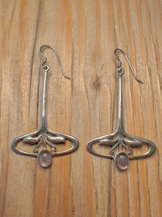 Vintage Art Nouveau Pink Stone 925 Sterling Silver Earrings