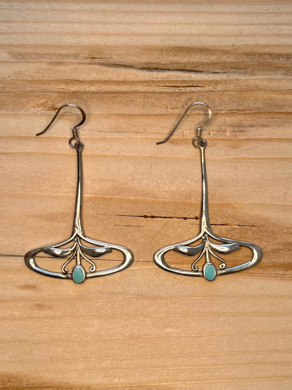 Art Nouveau Style Botanical Turquoise 925 Sterling Silver Drop Earrings