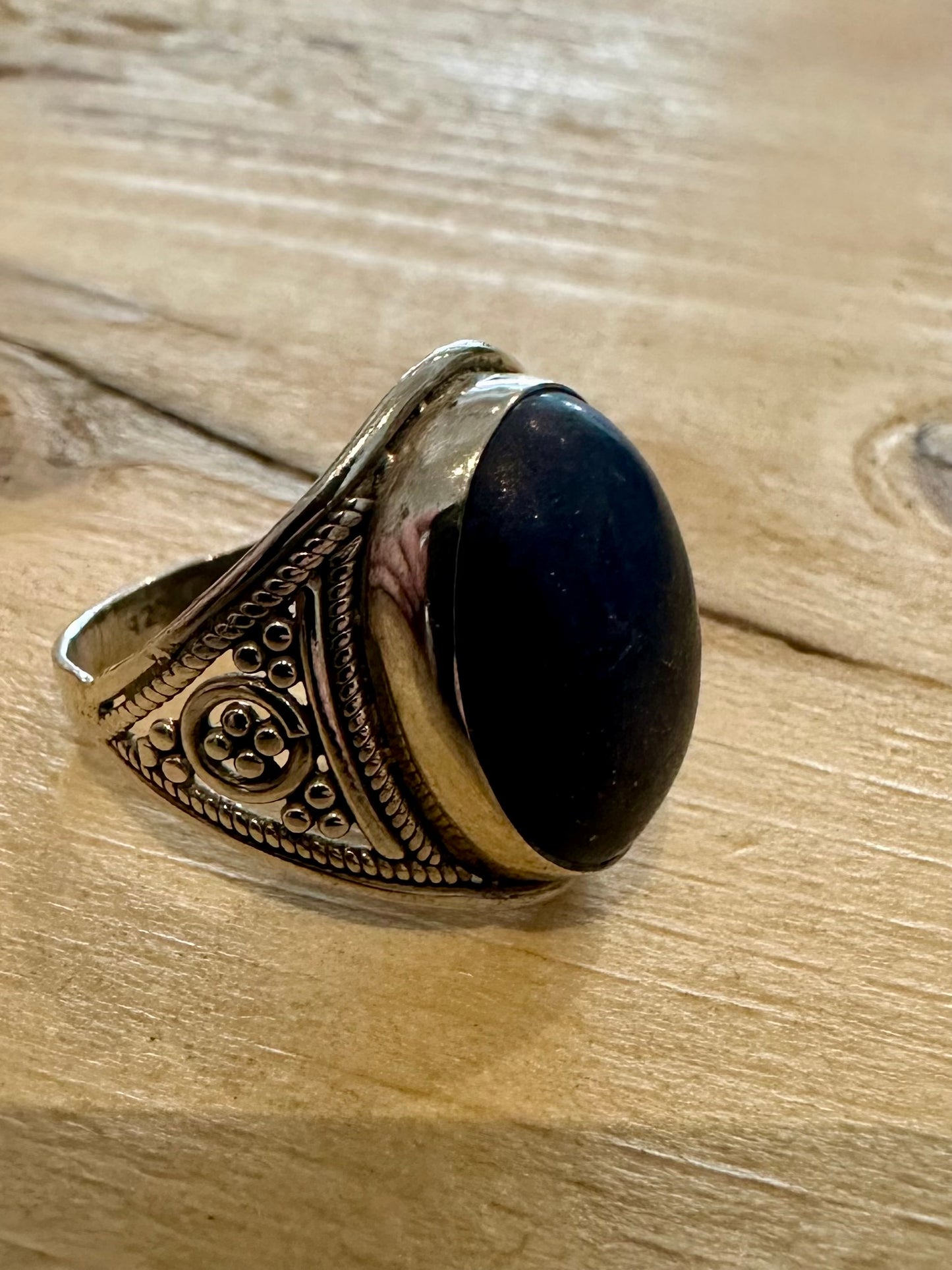 Vintage Tribal Lapis Oval 925 Silver Size Q Ring