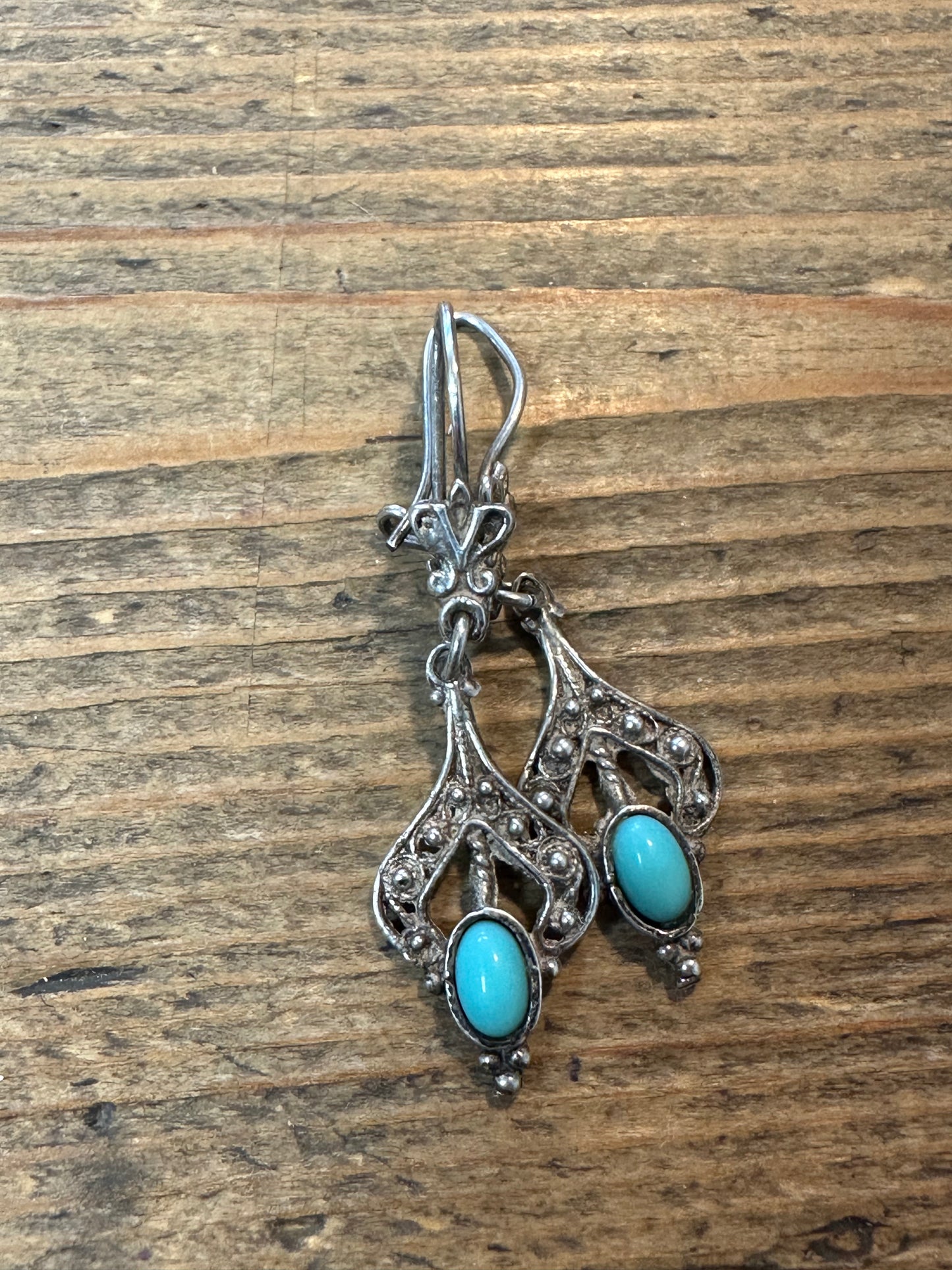 Vintage Blue Filigree Dangle 925 Silver Earrings