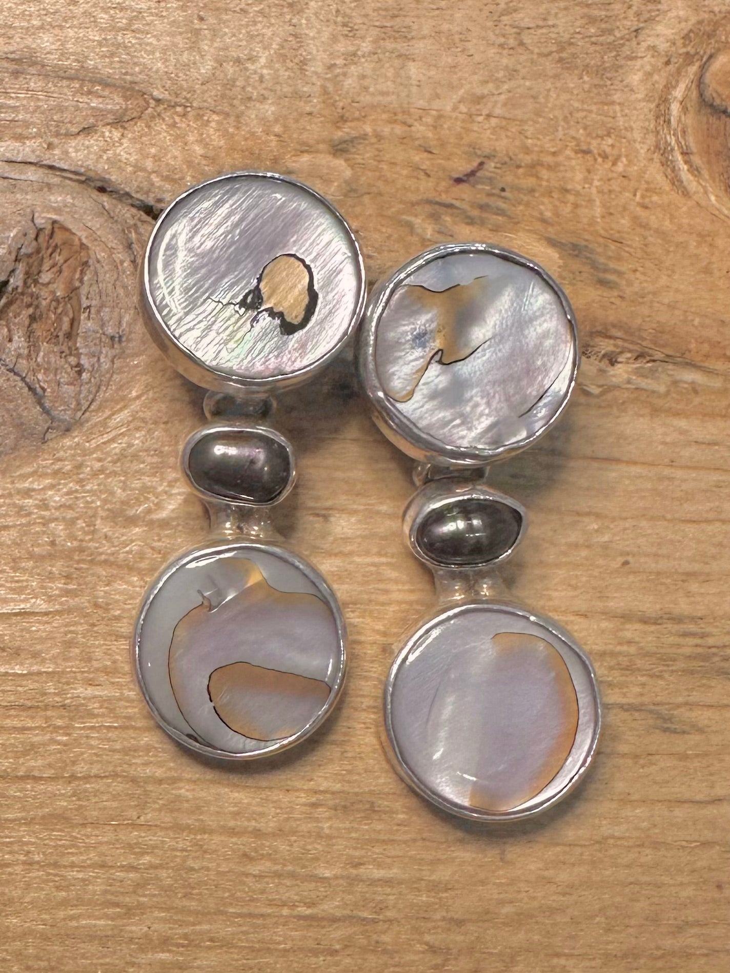 Abstract Abalone Mother of Pearl Hinged 925 Silver Earrings