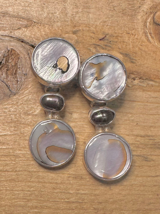 Abstract Abalone Mother of Pearl Hinged 925 Silver Earrings