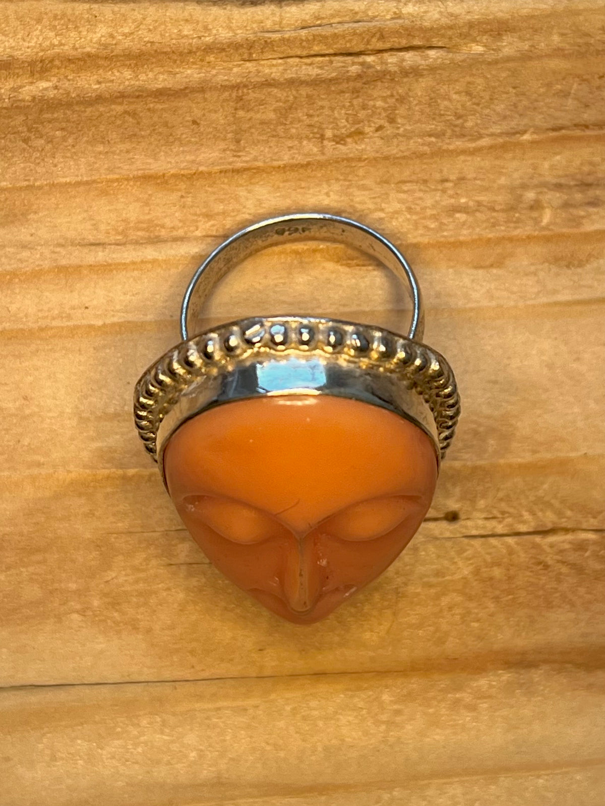Moon Face Carved Peach Colour  925 Sterling Silver Size R Ring