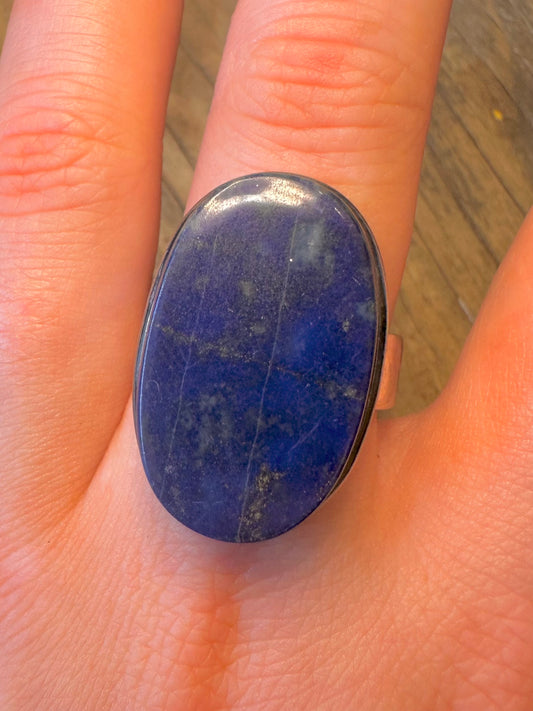 Large Lapis Oval Chunky Band 925 Sterling Silver Size Z+2 Ring