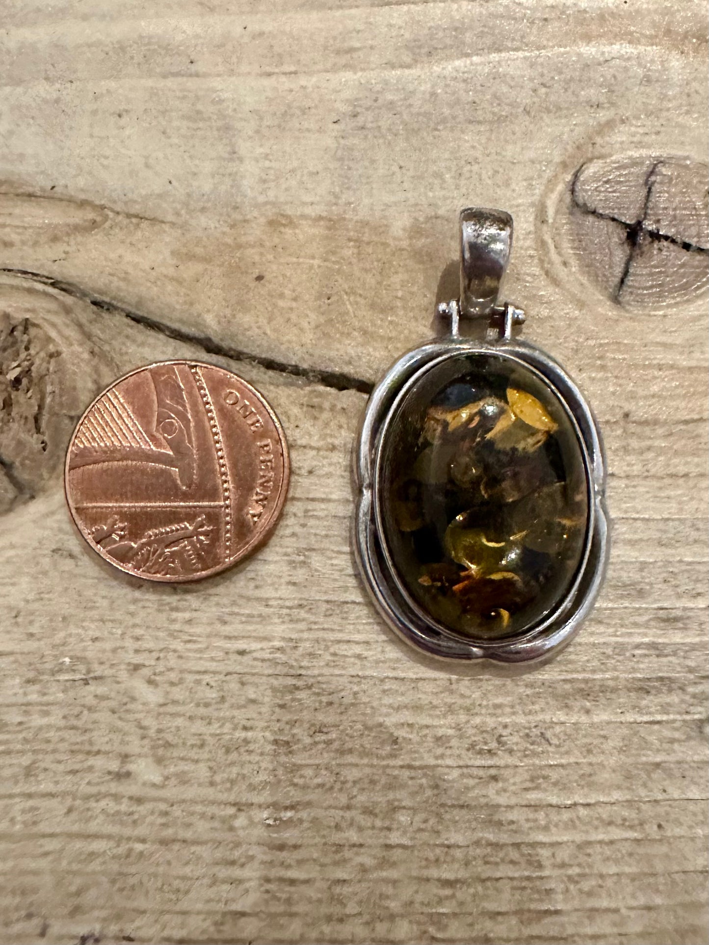 Vintage Green Amber Oval 925 Silver Pendant