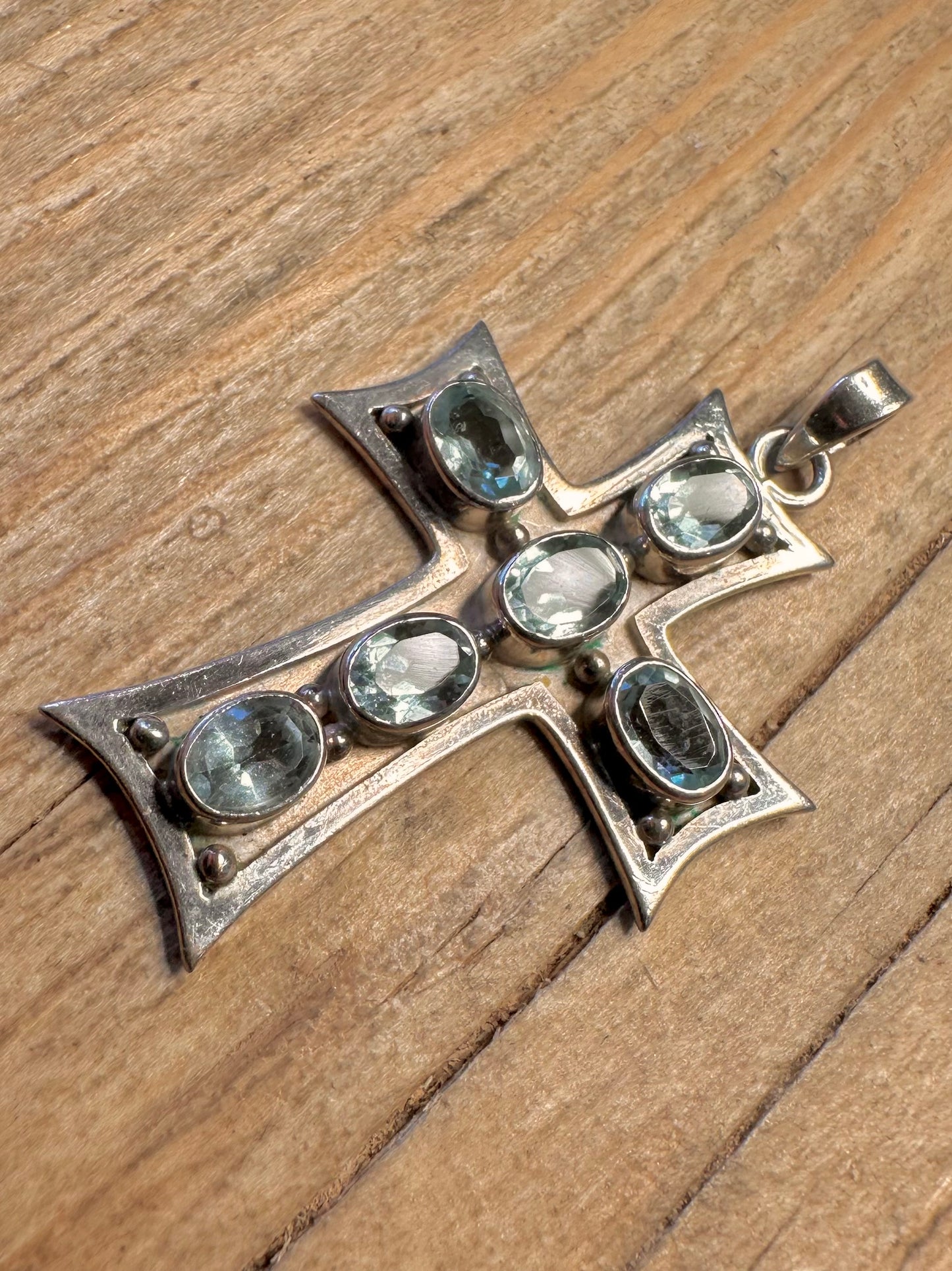Vintage Cross Blue Topaz 925 Sterling Silver Pendant