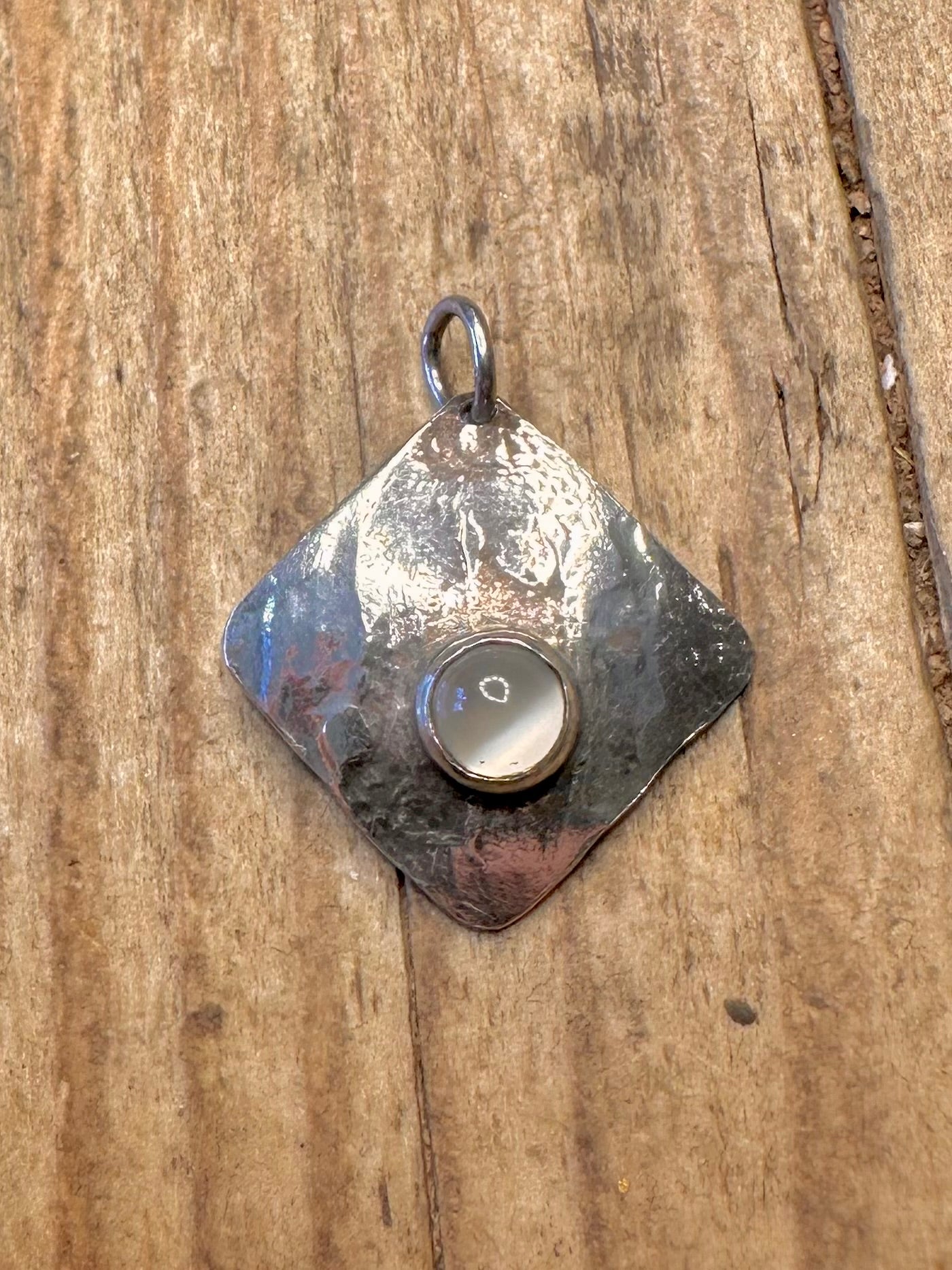 Abstract 2008 Hammered White Stone 925 Sterling Silver Pendant