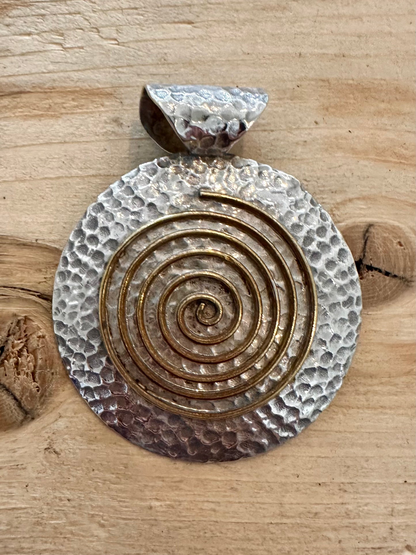 Vintage Brass Swirl Hammered 925 Silver Pendant