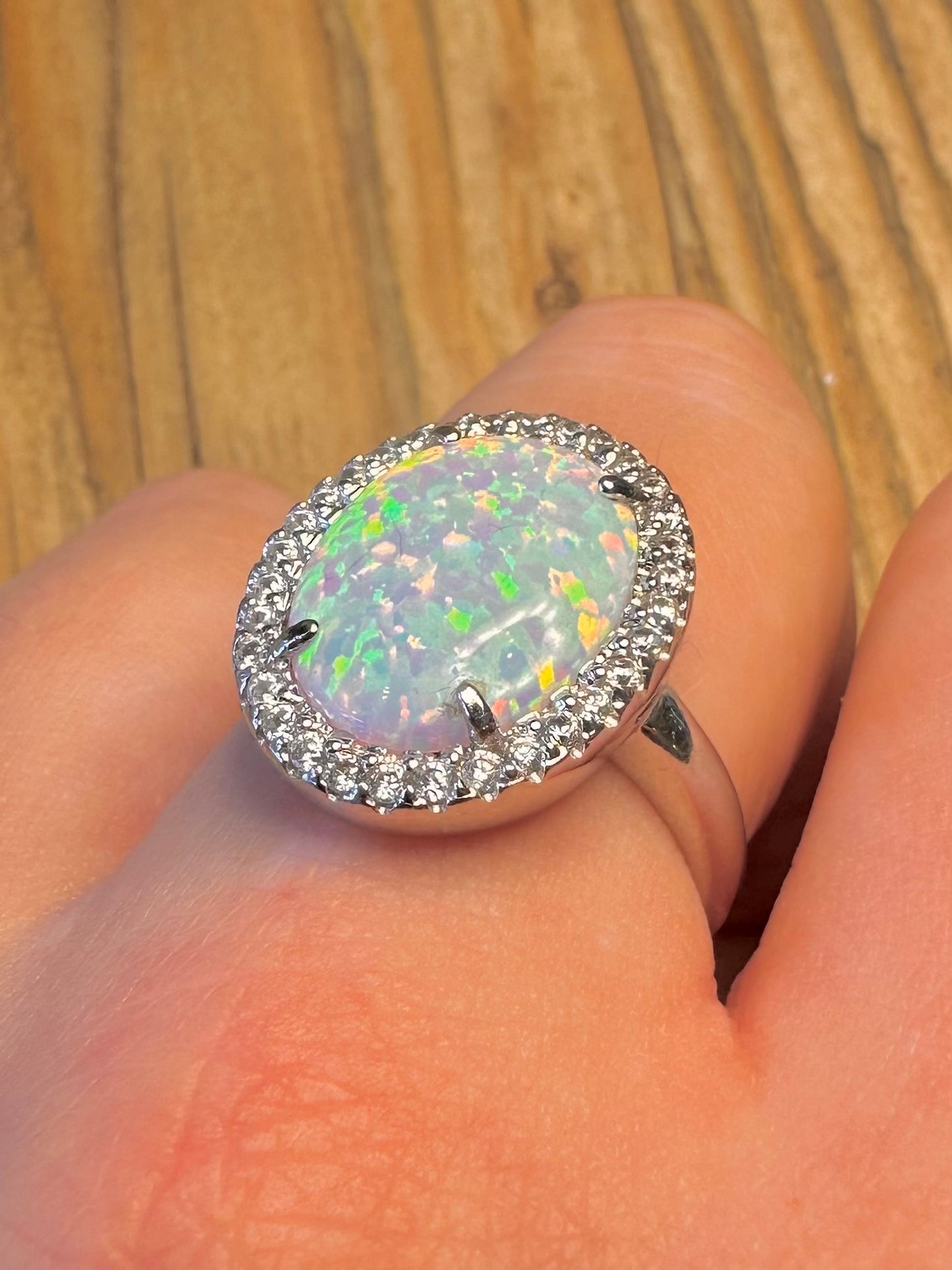 Oval Simulated Opal and White CZ 925 Sterling Silver Size U Ring
