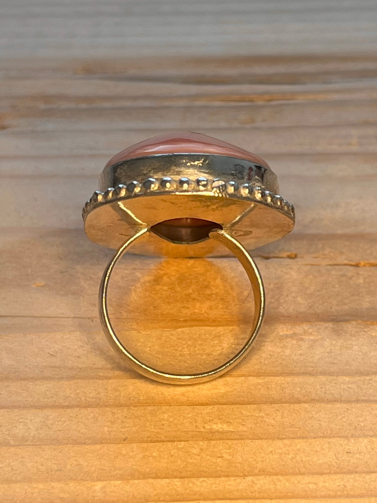 Moon Face Carved Peach Colour  925 Sterling Silver Size R Ring
