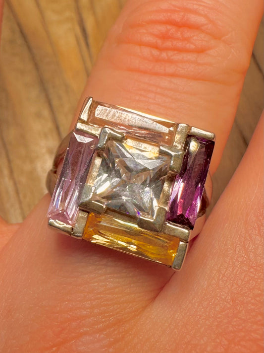 Abstract Multi Coloured CZ 925 Sterling Silver Size R Ring