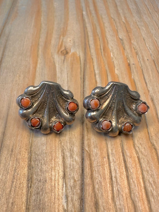 Vintage Coral Shell 925 Sterling Silver Stud Earrings