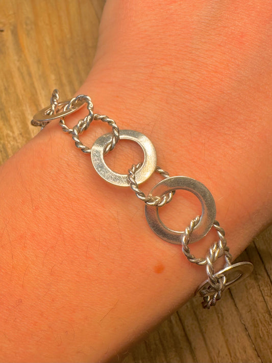 Modernist Circle Rope Link 925 Sterling Silver 7.5 inch Bracelet