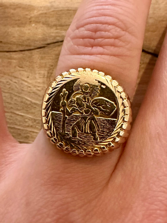 Vintage 1977 St Christopher Signet 9ct Gold Size O Ring