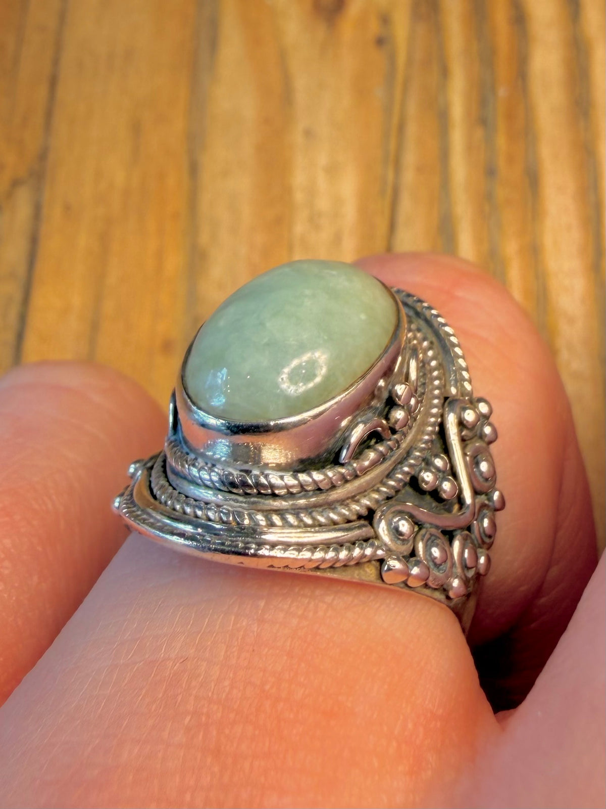 Ornate Jade Boho Style 925 Sterling Silver Size P Ring