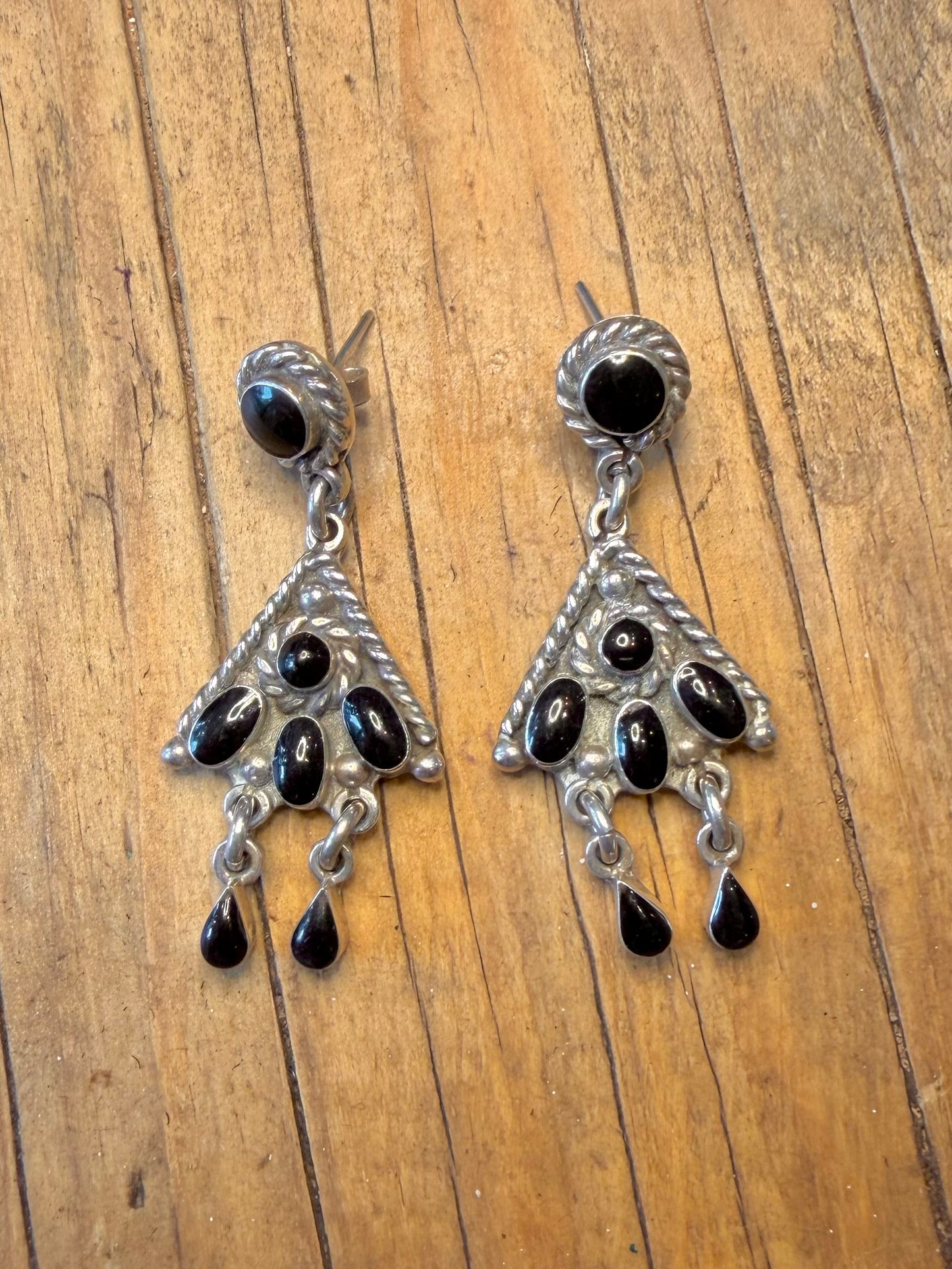 Black Onyx Mexican Dangle 925 Sterling Silver Earrings