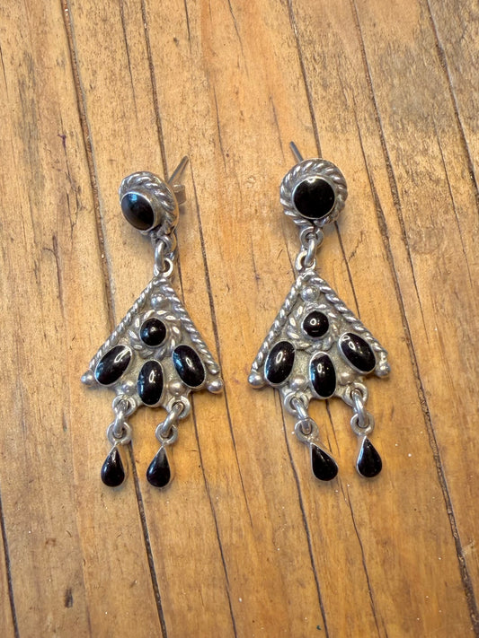 Black Onyx Mexican Dangle 925 Sterling Silver Earrings