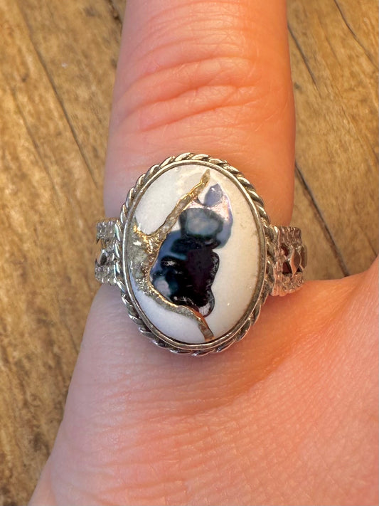 White Agate Multi Coloured 1992 Textured 925 Sterling Silver Size M Ring