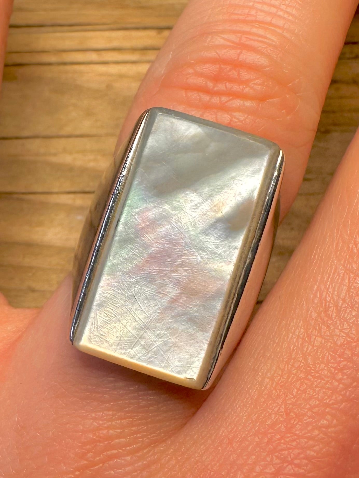 Modernist Mother of Pearl Rectangle 925 Sterling Silver Size O Ring