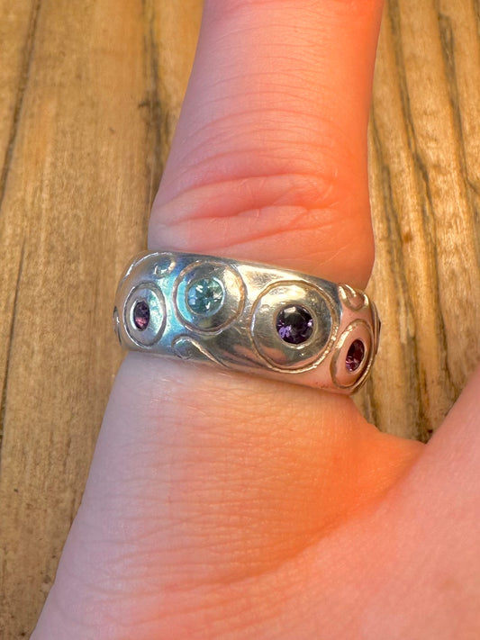 Dower and Hall 2007 Multi Gemstone Swirl Design Band 925 Sterling Silver Size