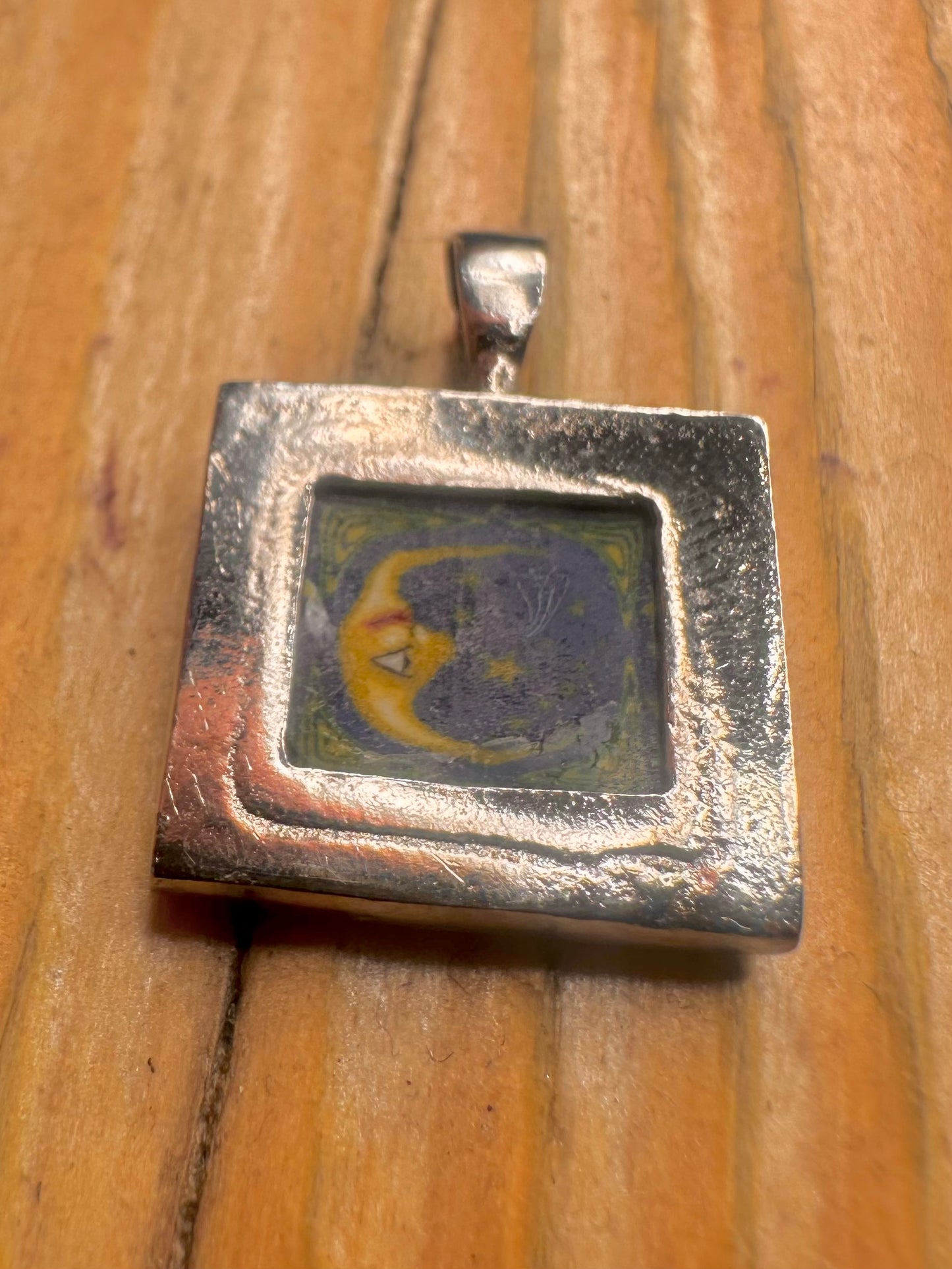 Celestial Square Painted Moon Silver Pendant