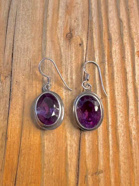 Faceted Oval Amethyst Dangle 925 Sterling Silver Earrings