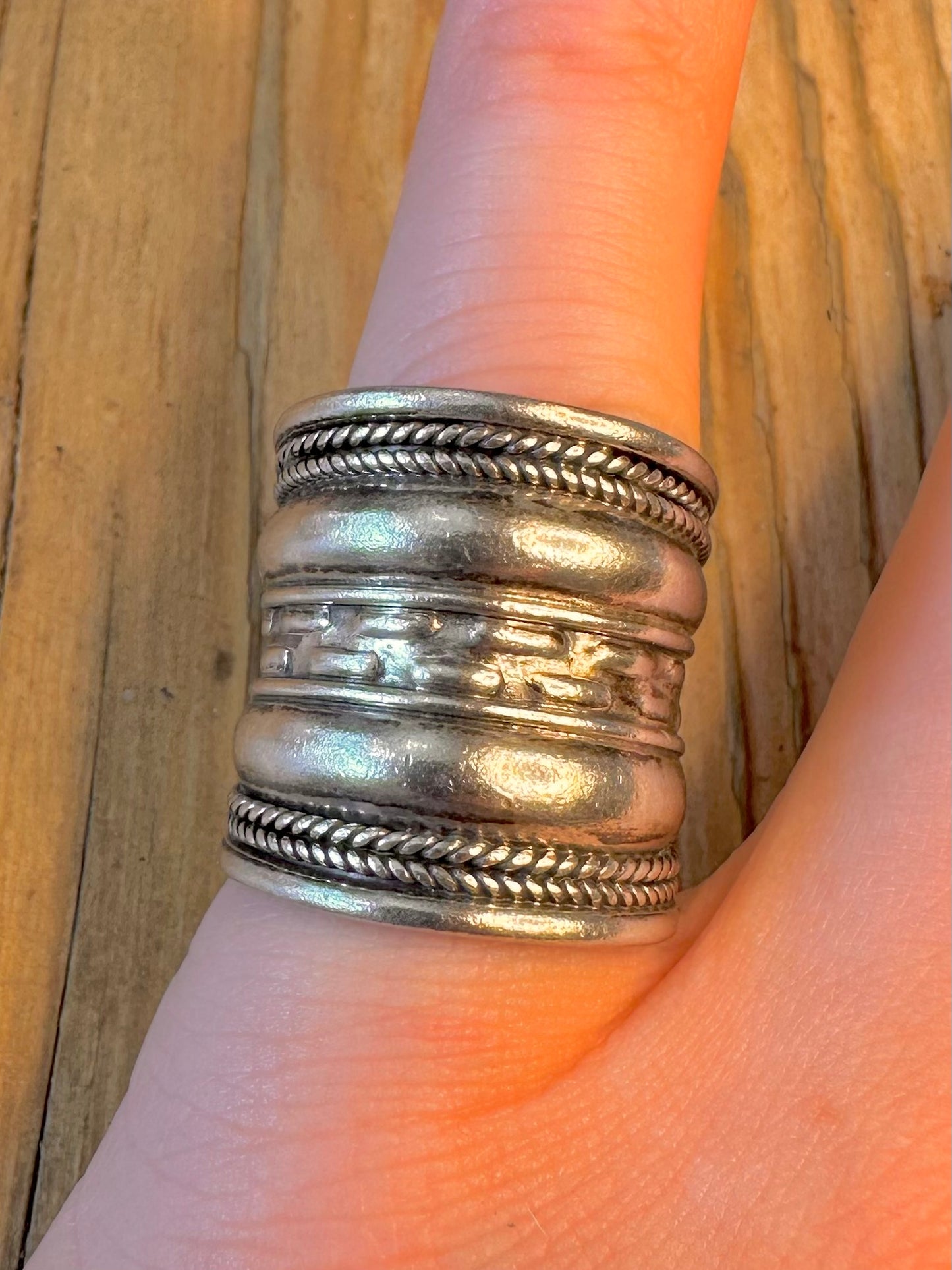Long Wide Boho Style Woven Rope 925 Sterling Silver Size N1/2 Ring