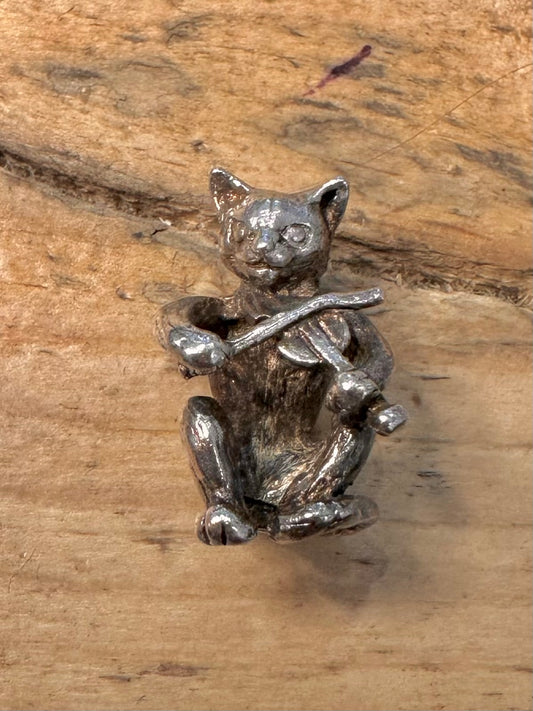 Vintage Cat Playing the Fiddle 925 Silver Pendant