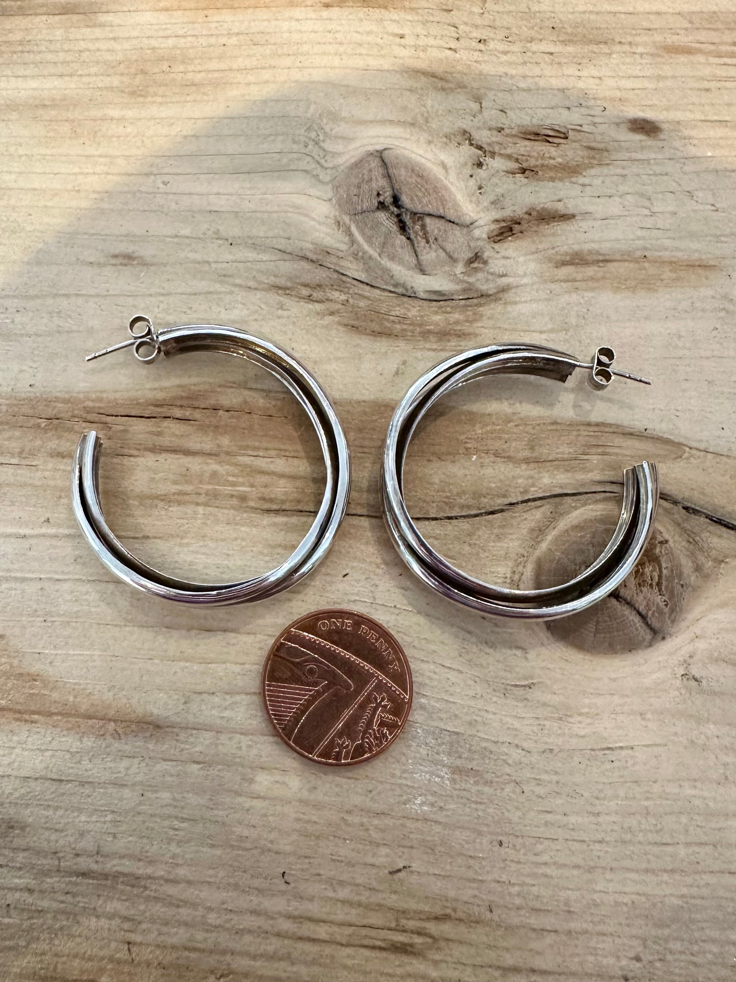 Vintage Large Twisted Half Hoops 925 Silver Earrings